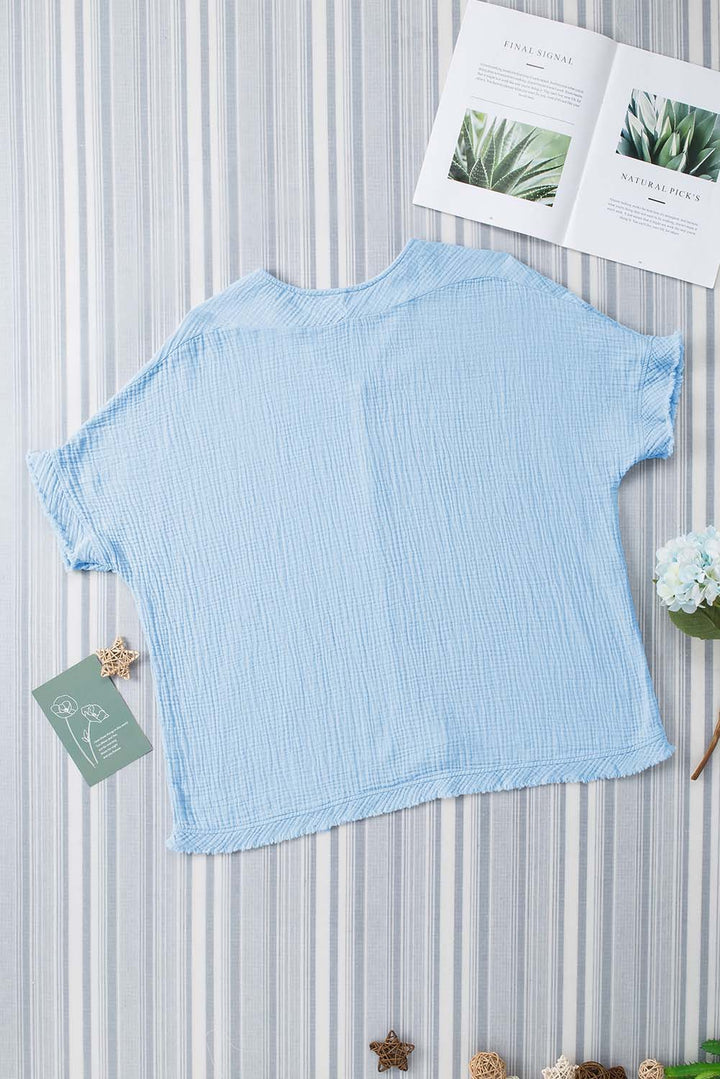 Sky Blue Frayed Batwing Sleeve Textured Cotton Blouse