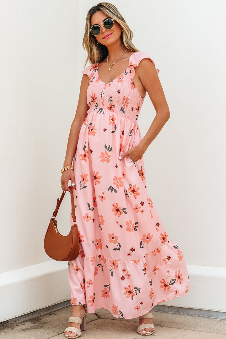 floral v neck smocked high waist ruffle hem long dress
