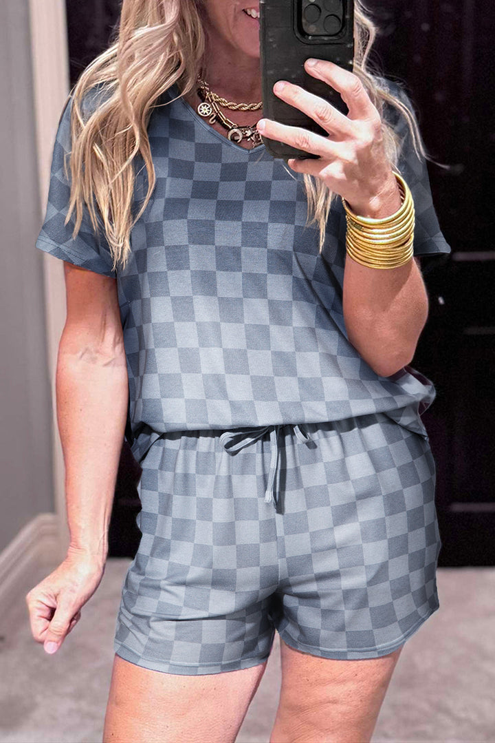 checkered v neck tee drawstring shorts lounge set 2