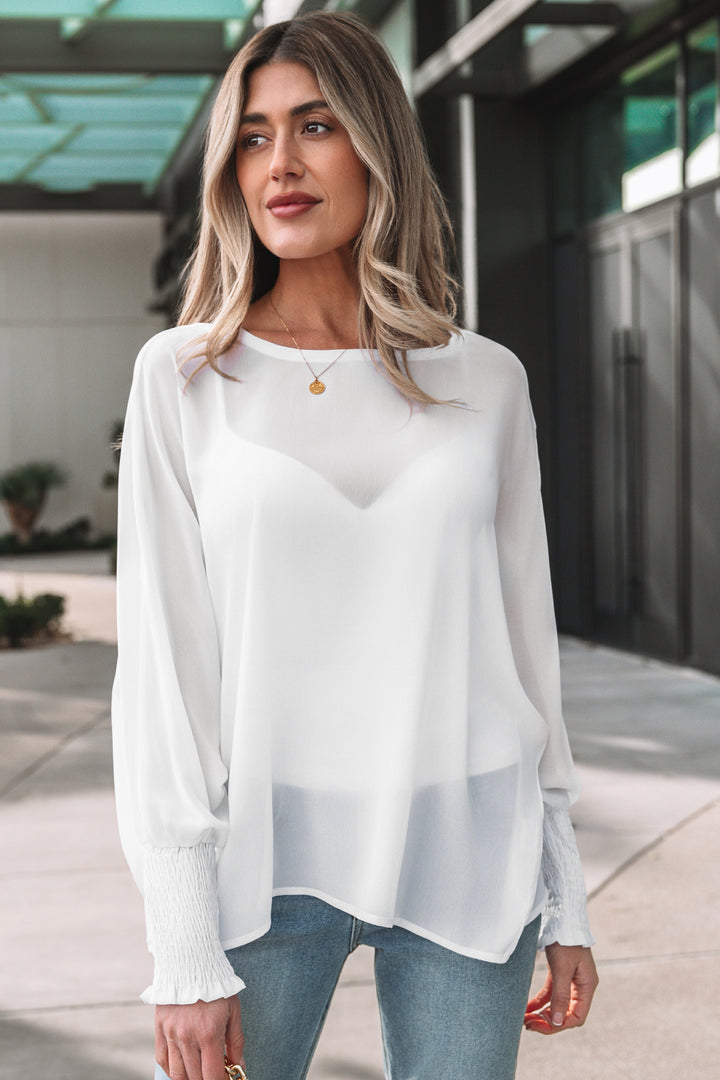 Smocked Cuffs Semi Sheer Long Sleeve Dolman Blouse