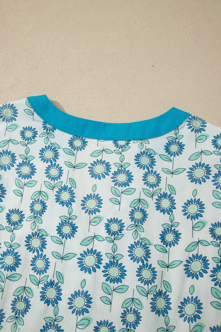 Green Sunflower Printed Contrast Trim V Neck Flutter Sleeve Blouse