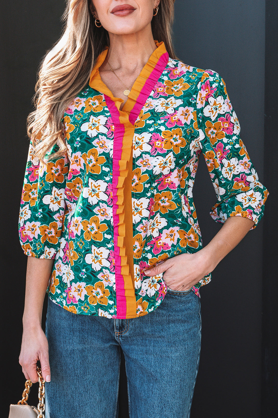 Floral Print Contrast Trim Frilled V Neck 3/4 Sleeve Blouse