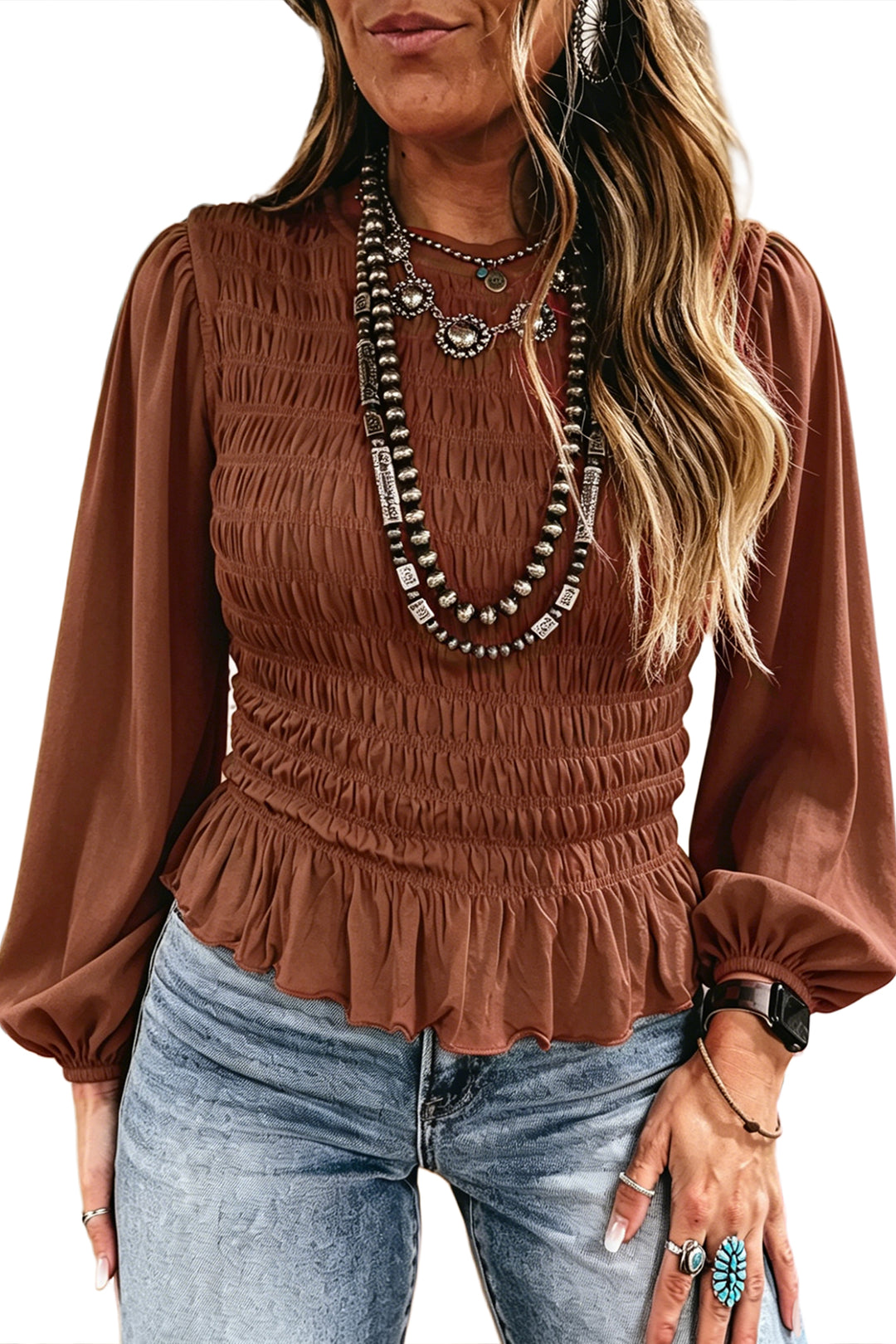 Coffee Smocked Ruffle Hem Long Sleeve Blouse
