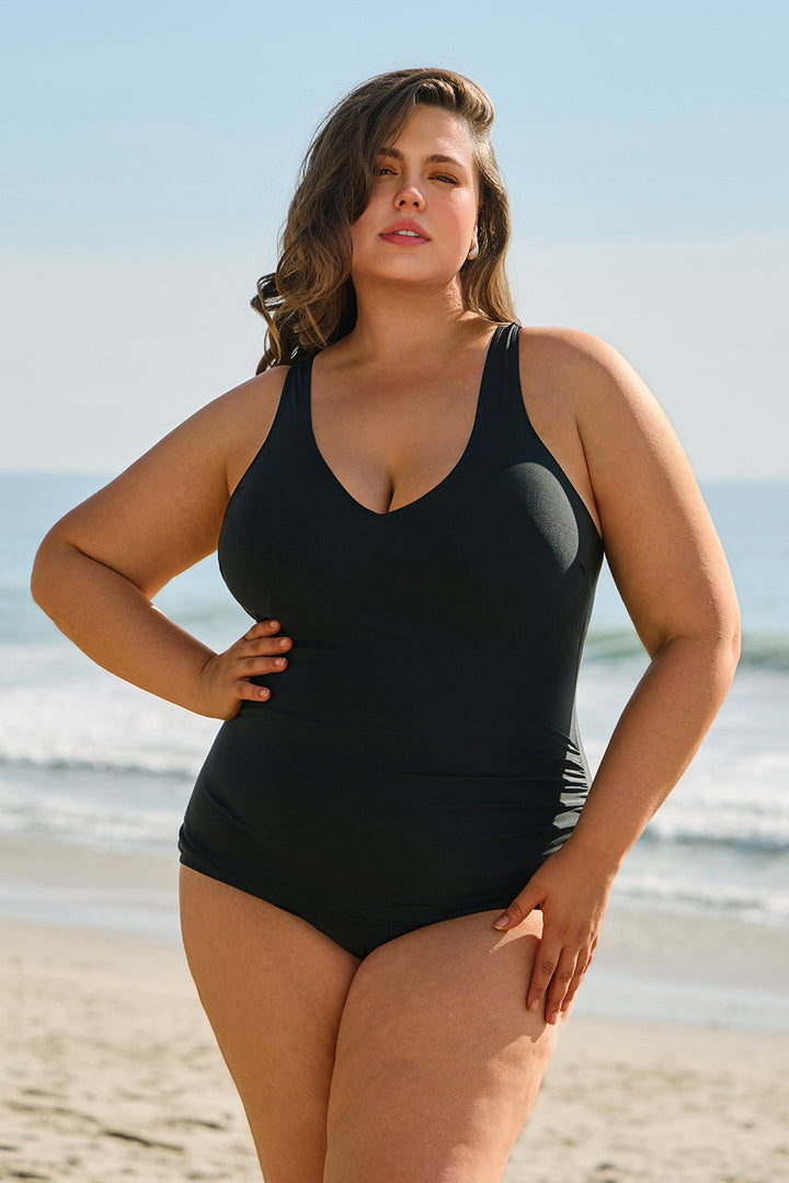 Solid Color U Neck Padded Plus Size One Piece Swimsuit