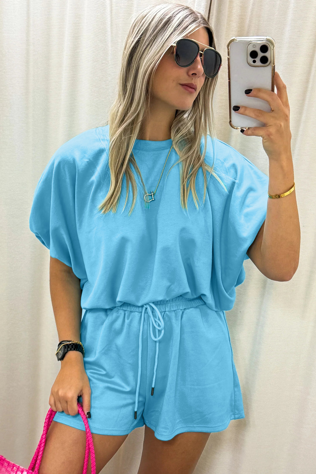 Light Blue Solid Color Puffy Loose Top Drawstring Shorts 2pcs Outfit