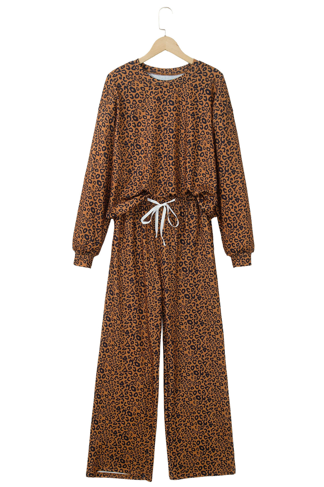 Brown Leopard Print Long Sleeve Top Relaxed Pant Set