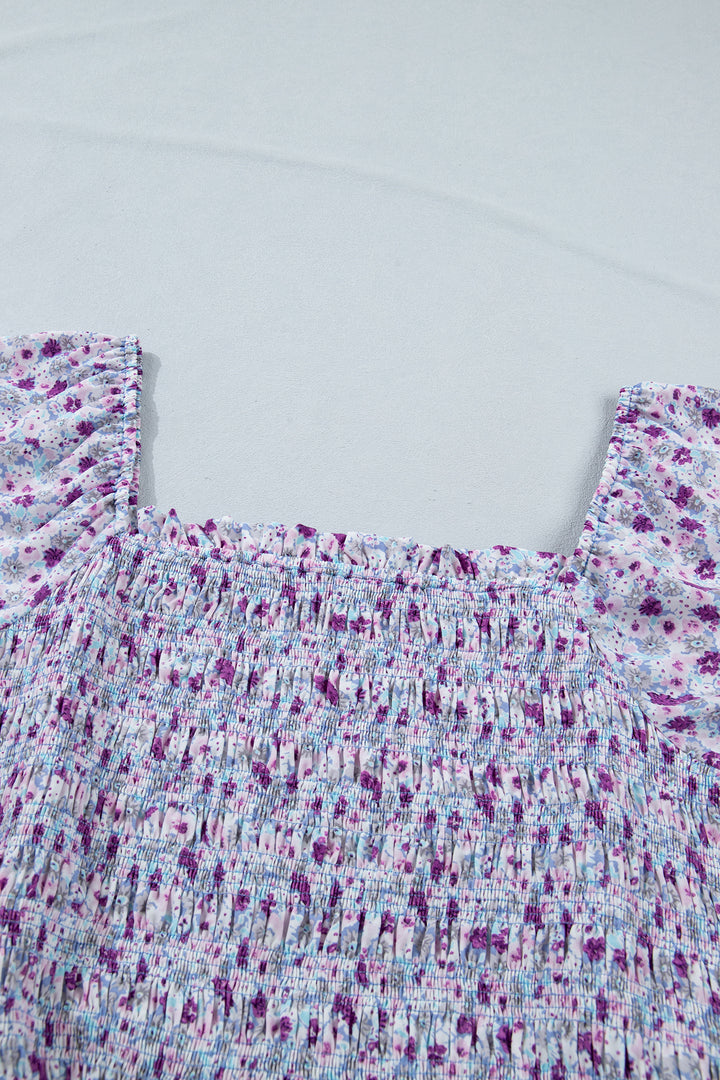 Purple Plus Size Floral Print Square Neck Smocked Maxi Dress