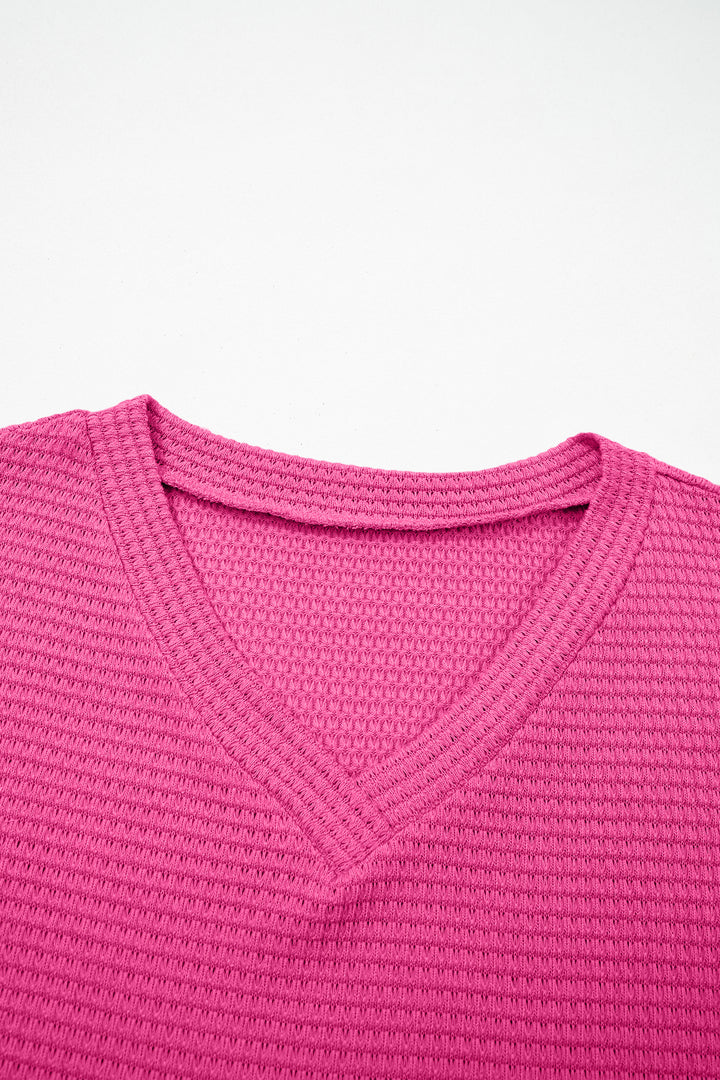 Strawberry Pink Waffle V Neck Short Sleeve Knit Top