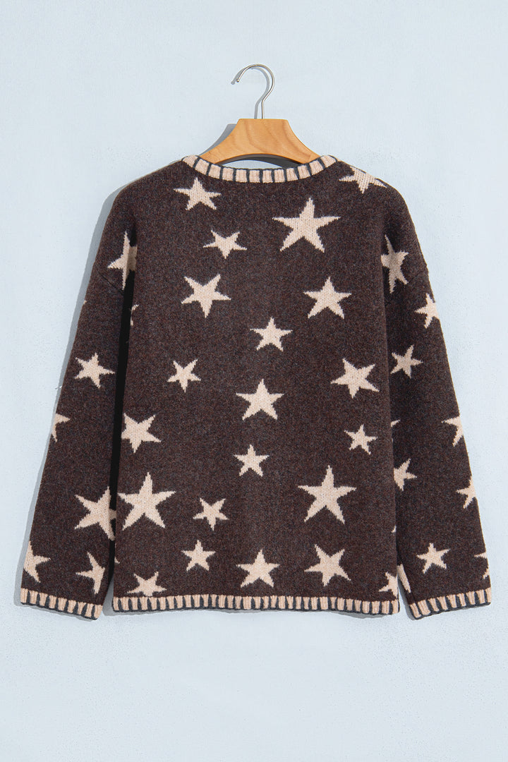 Brown Stars Pattern Colorblock Long Sleeve Shift Wool Cardigan