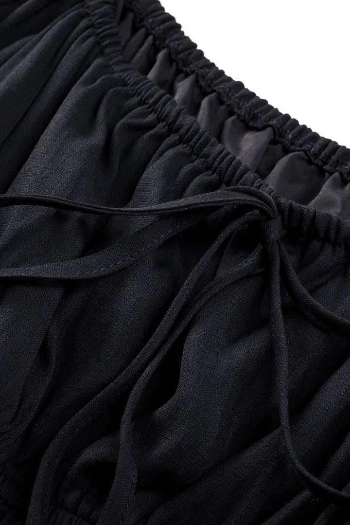 Black Solid Color Long Sleeve Shirred Drawstring Ruffle Mini Dress