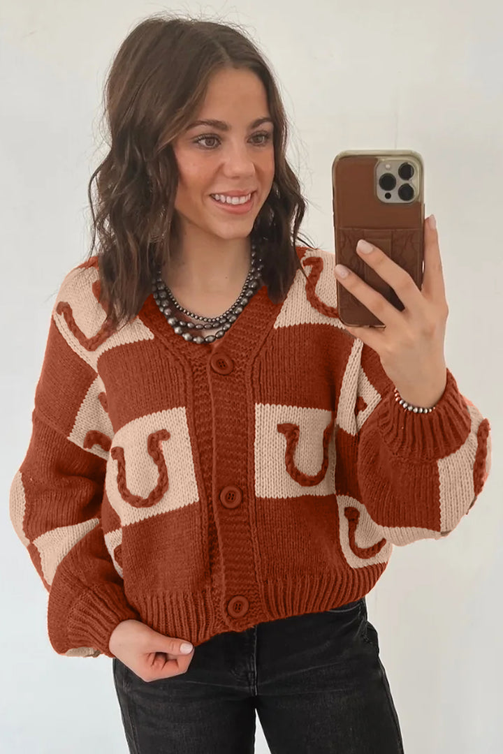 Brown Horseshoe Plaid V Neck Knit Button Front Sweater Cardigan