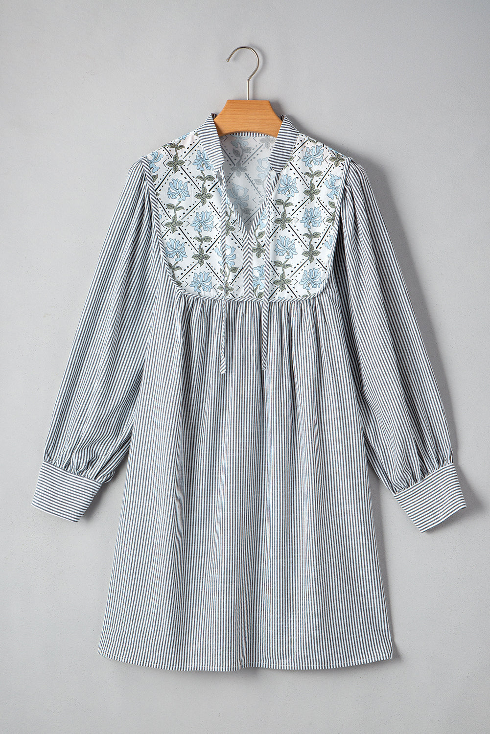 Floral Patchwork Tied V Neck Shift Long Sleeve Mini Dress