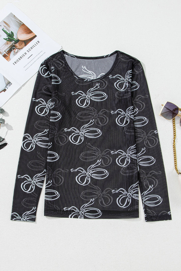 Round Neck Bow Print Long Sleeve Mesh Top