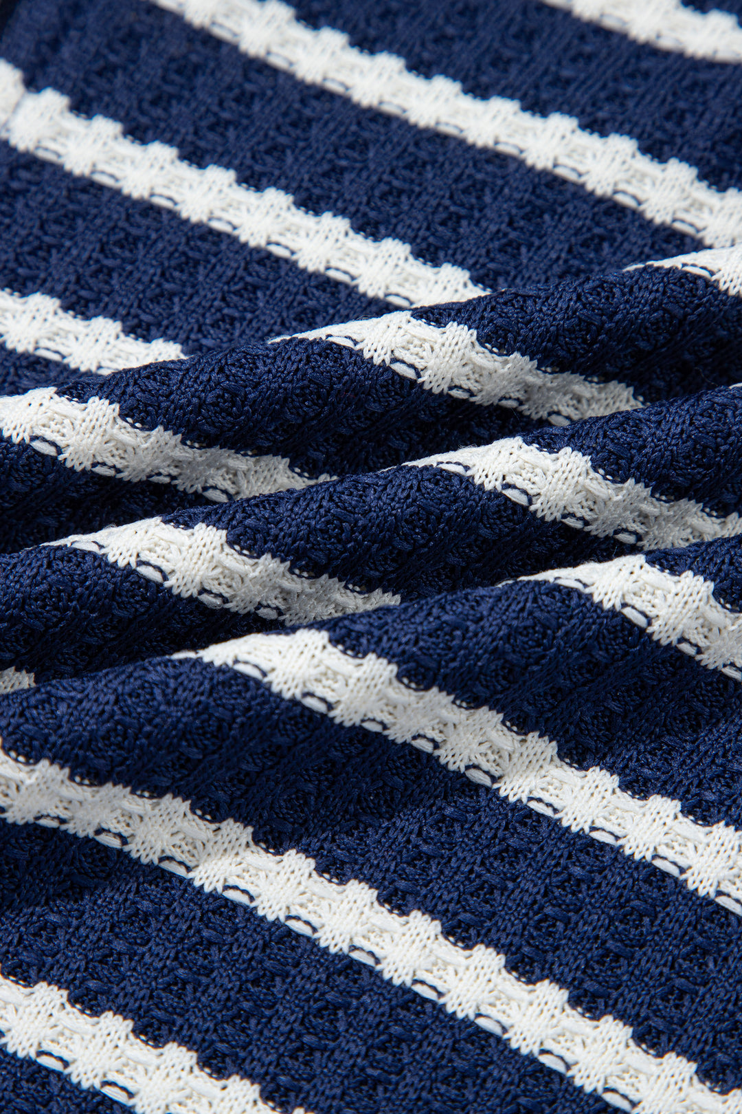 Blue Stripe Textured Knit Half Zip Collared Long Sleeve Top