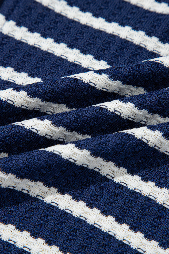 Blue Stripe Textured Knit Half Zip Collared Long Sleeve Top