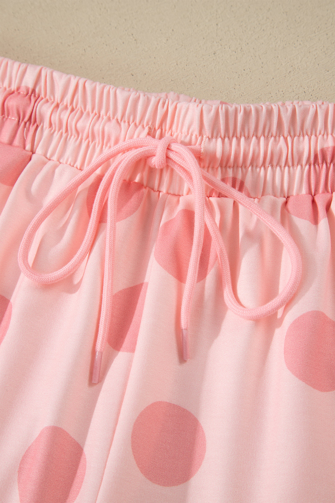 Pink Polka Dot Print Loose Tee Drawstring Elastic Waist Short Set
