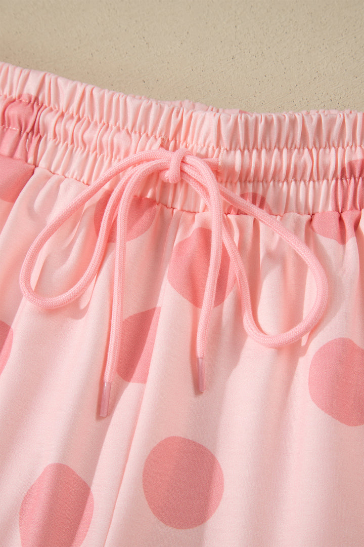 Pink Polka Dot Print Loose Tee Drawstring Elastic Waist Short Set