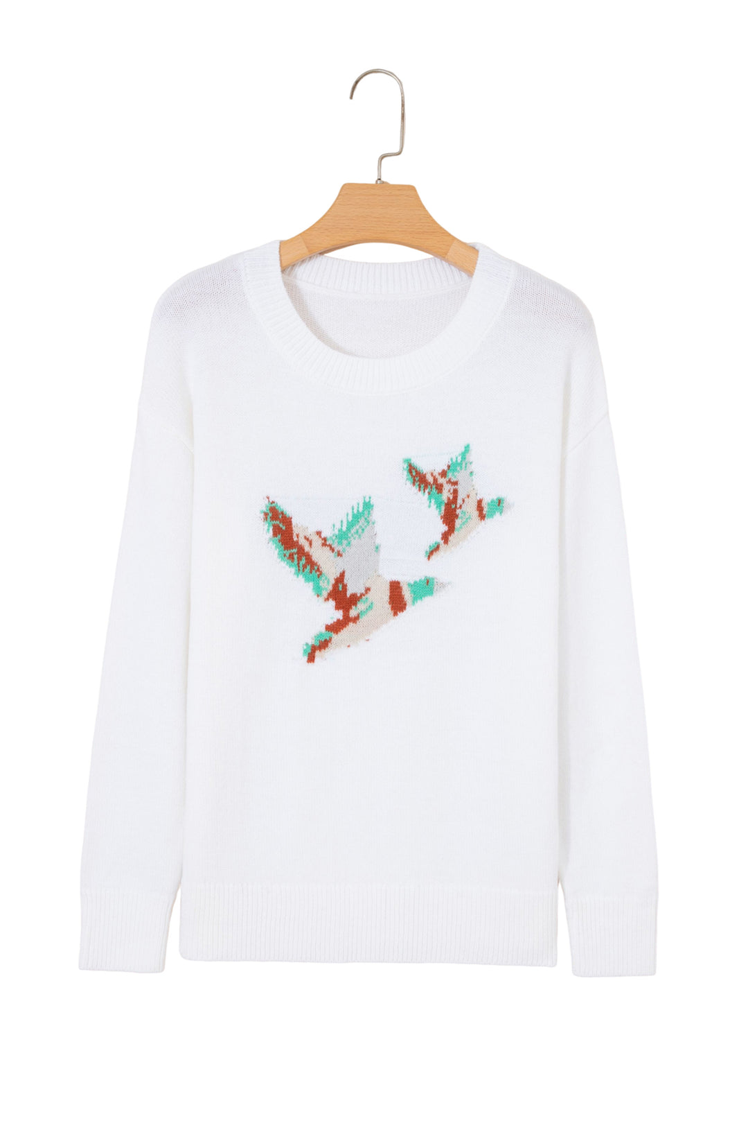 White Wild Mallard Drop Shoulder Round Neck Long Sleeve Pullover Sweater