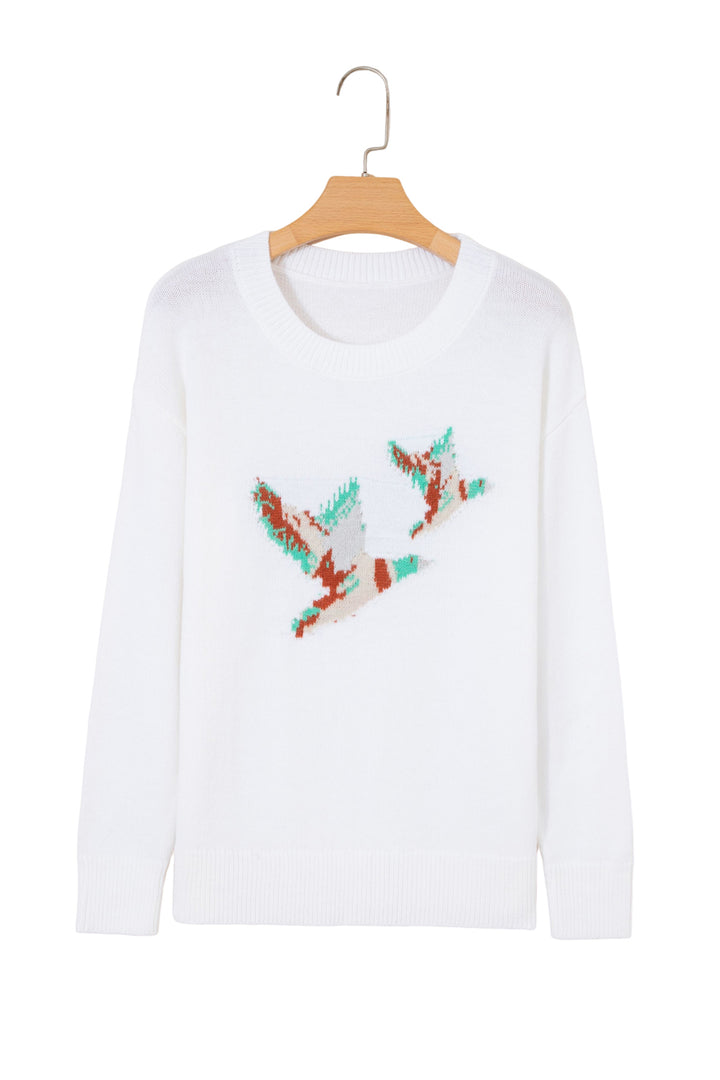 White Wild Mallard Drop Shoulder Round Neck Long Sleeve Pullover Sweater