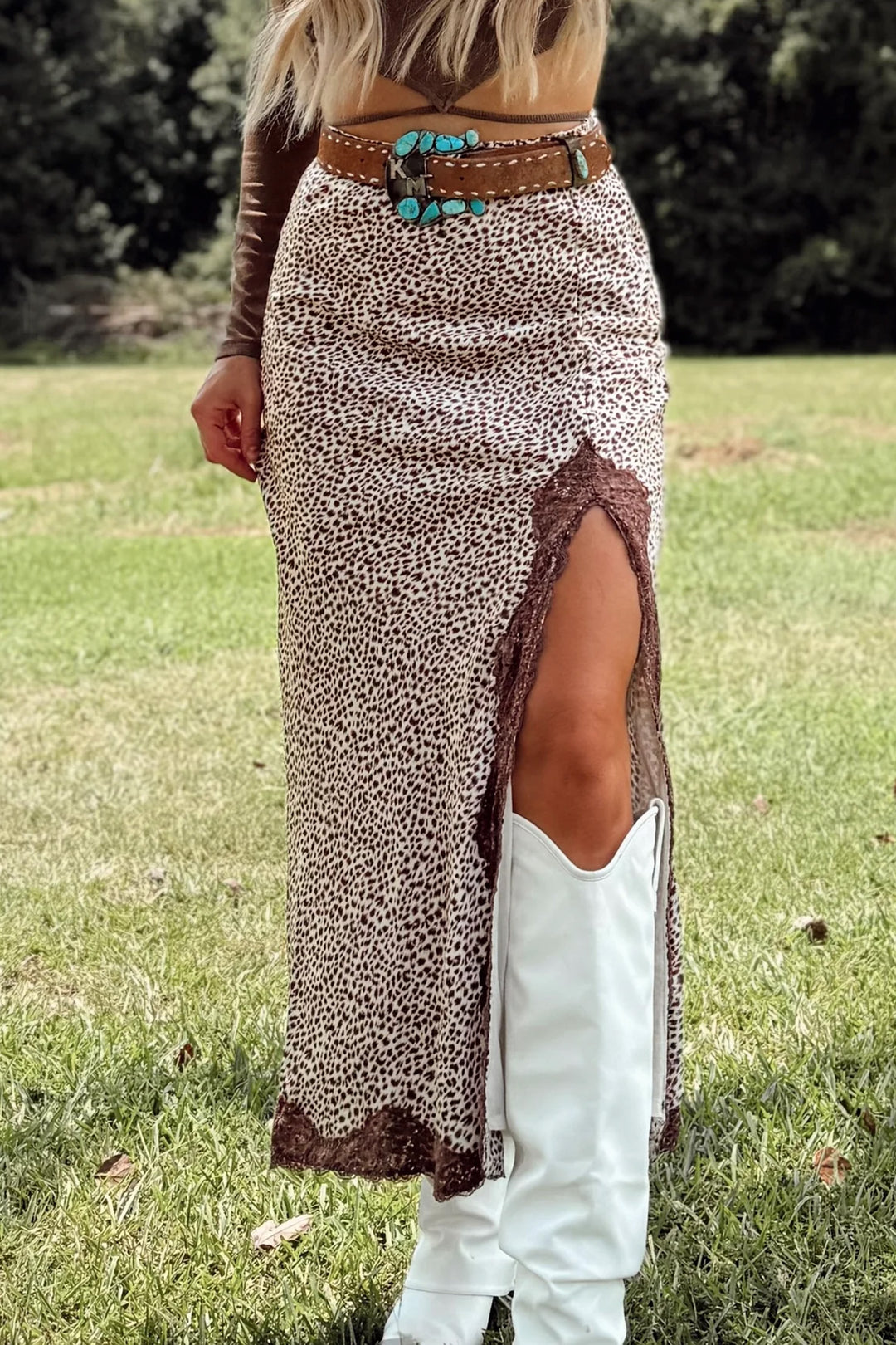 Fashion Brown Cheetah Print Trim Split Long Western Skirt