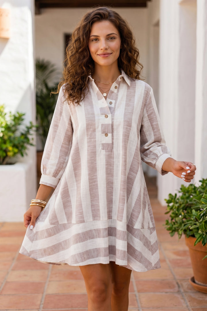 Khaki Stripe Button-Up Three-Quarter Sleeve Short Shift Linen Dress