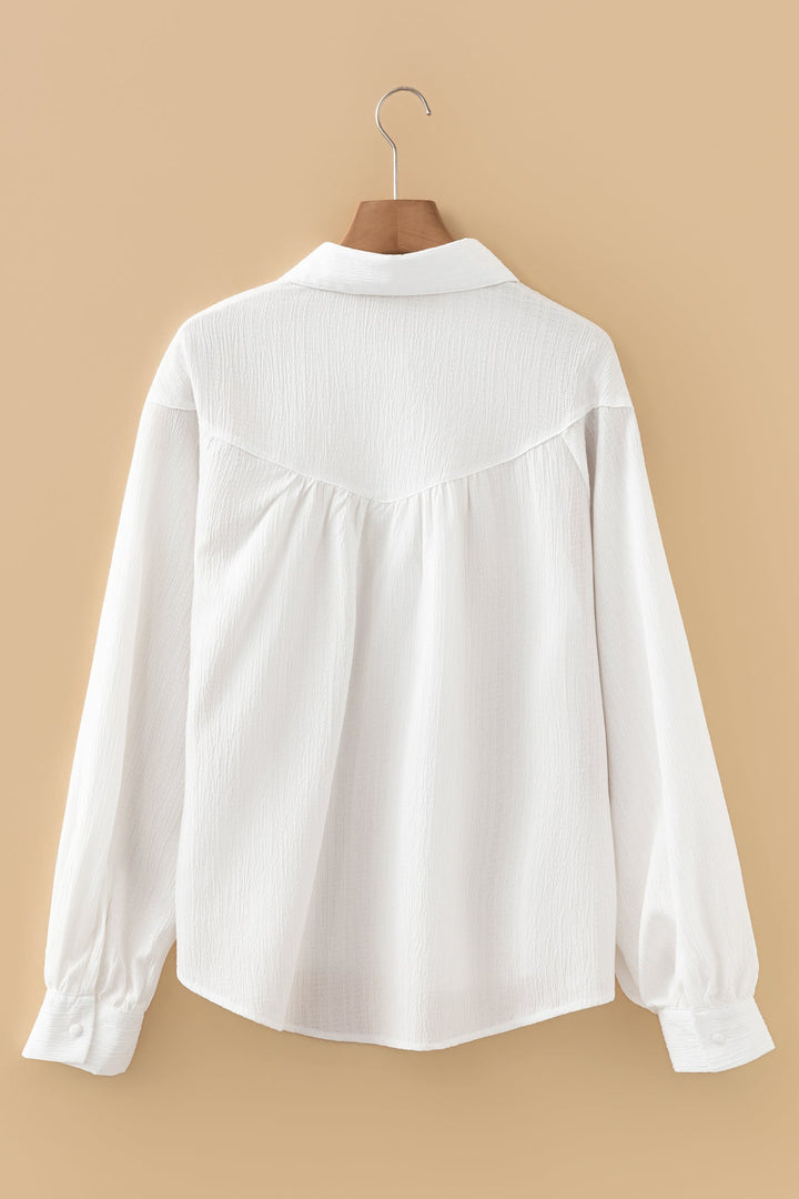 White Crinkled Texture Lantern Sleeve Button Down Loose Shirt