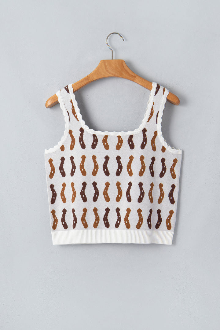 White Western Leopard/ Horseshoe Printed Scalloped Trim Square Neck Sweater Vest