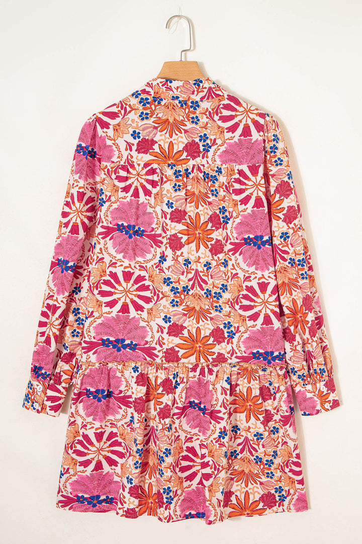 Fall Flower Print Long Sleeve Mini Dress