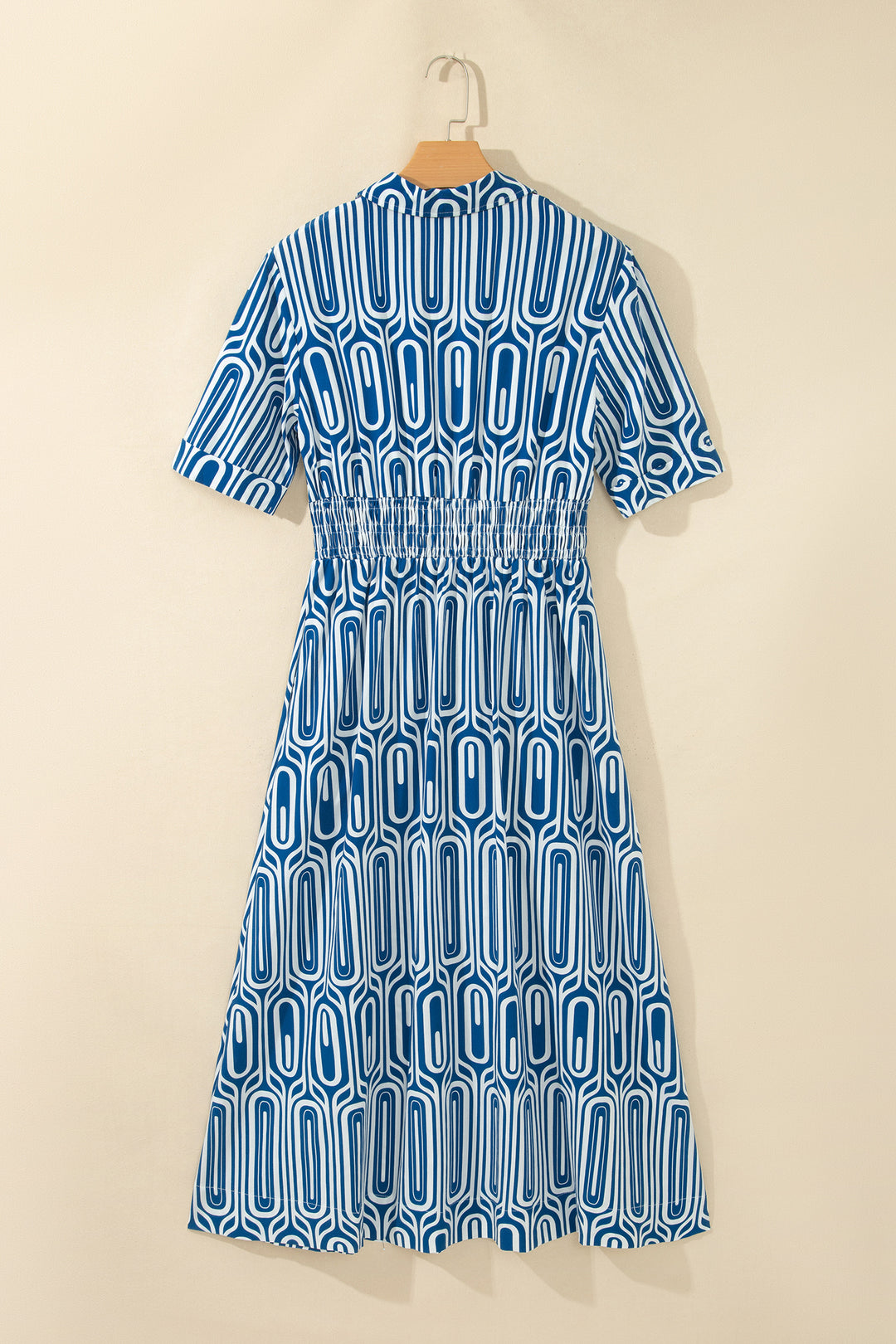 Blue Geometric Print Short Sleeve Shirt Collar Dress