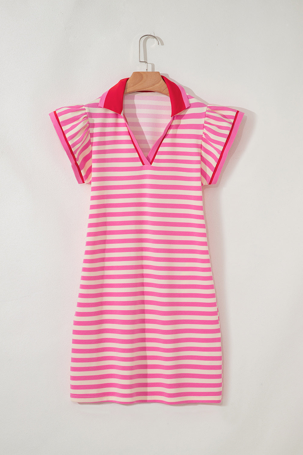 Pink Stripe Print Contrast Collar Split Neck Flutter Sleeve Short Dress