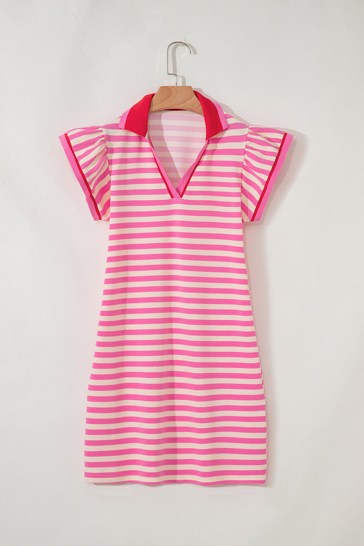 Pink Stripe Print Contrast Collar Split Neck Flutter Sleeve Short Dress