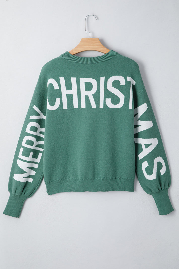 Blackish Green HO HO HO MERRY CHRISTMAS Drop Shoulder Loose Sweater