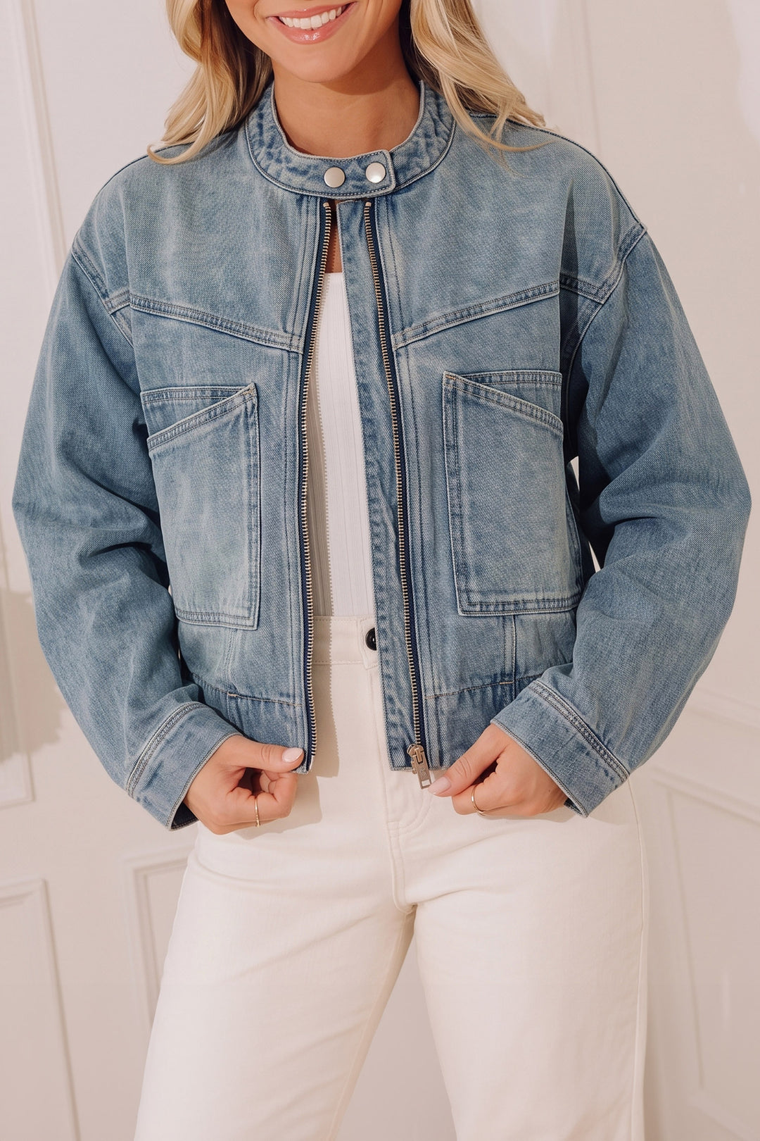 Beau Blue Vintage Wash Zip Up Button Tab Round Neck Denim Jacket