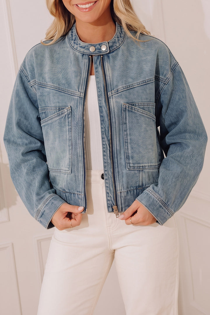 Beau Blue Vintage Wash Zip Up Button Tab Round Neck Denim Jacket