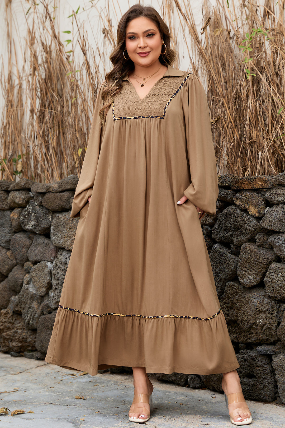 Chestnut Smocked V Neckline Leopard Piping Plus Size Long Dress