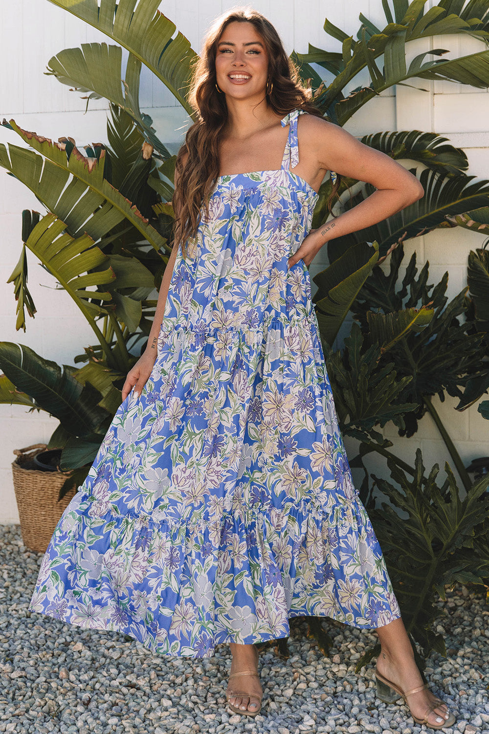floral print self tie straps flowy ruffle long dress