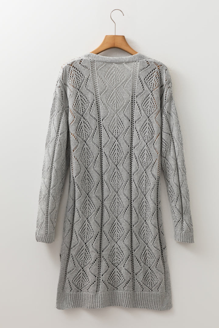 Gray Hollow-out Openwork Cotton Knit Cardigan