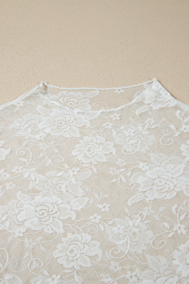 White Plus Size Floral Mesh Long Sleeve Top