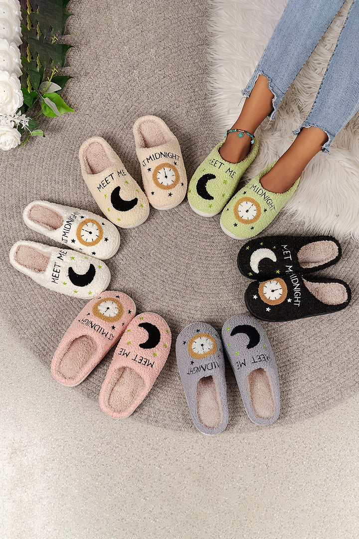 Moon & Clock Pattern Fuzzy Home Slippers