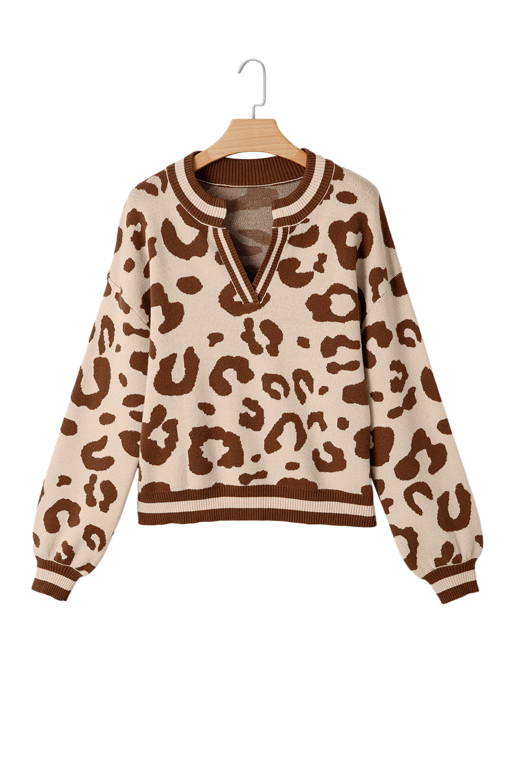Light French Beige Leopard Printed Knit V Neck Casual Sweater
