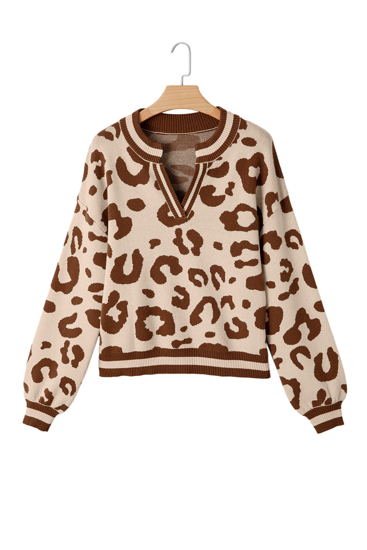 Light French Beige Leopard Printed Knit V Neck Casual Sweater