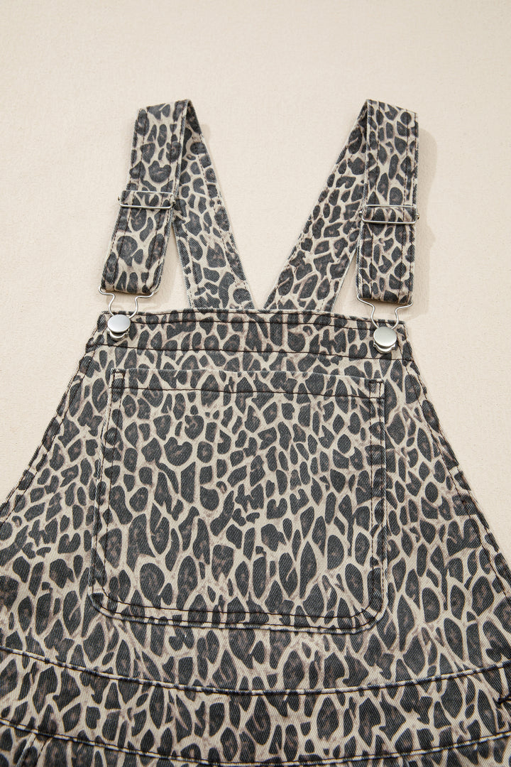 Brown  Leopard Print Straight Leg Loose Denim Overall Jumpsuit