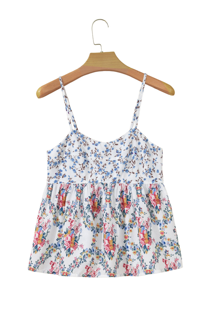 White Contrast Floral Printed Spaghetti Straps Babydoll Top