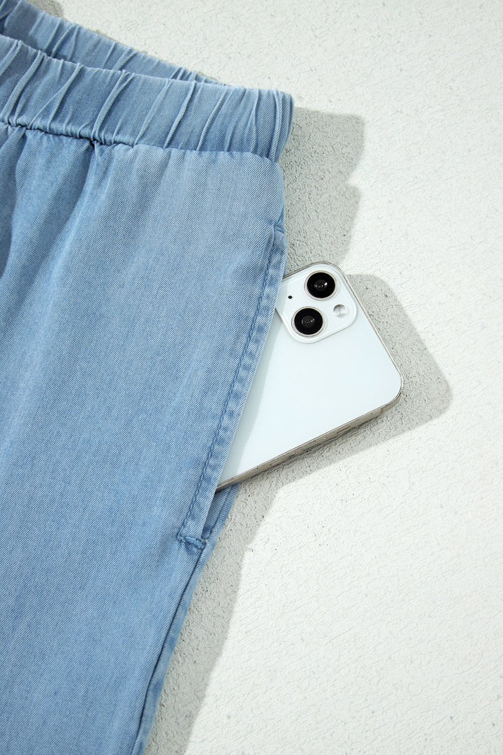 Casual Beau Blue Ruffled Hem Wide Leg Chambray Pants