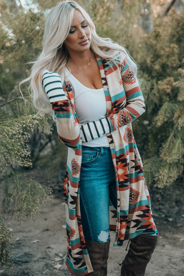 Geometric Block Open Front Long Cardigan