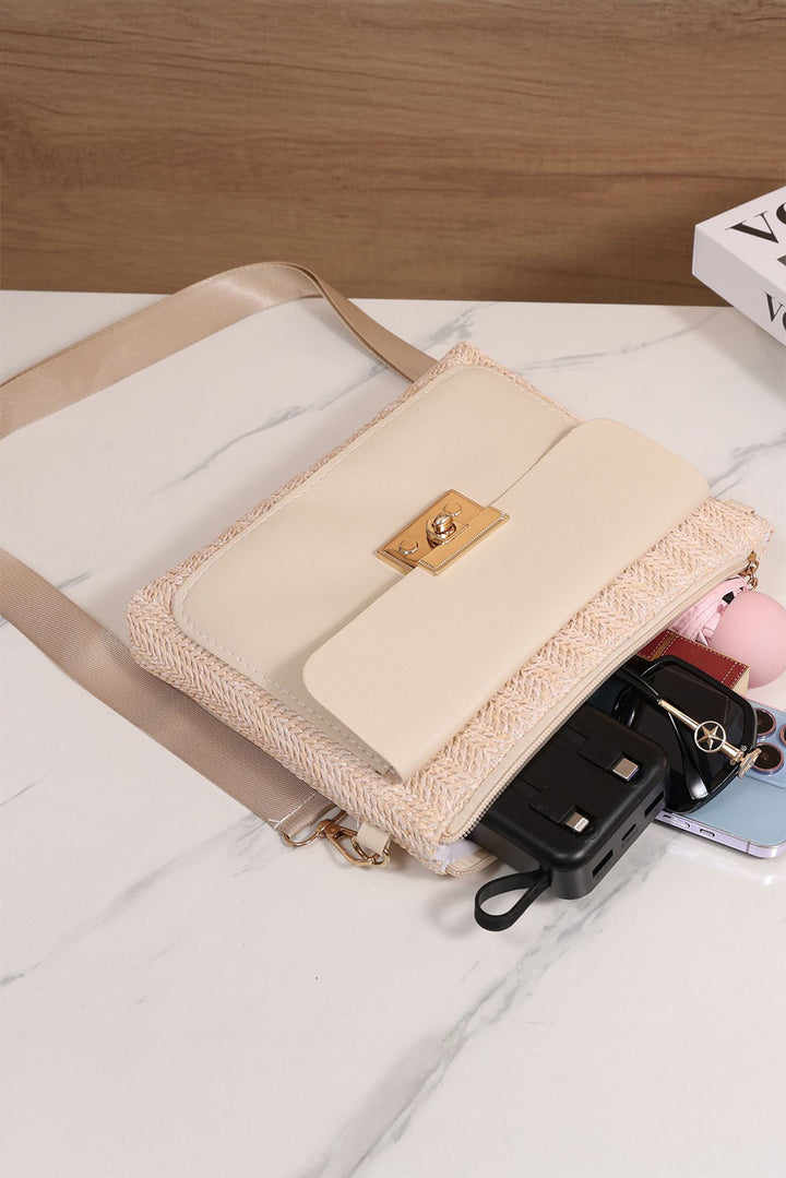 Leather Pocket Patchwork Straw Woven Shoulder Bag