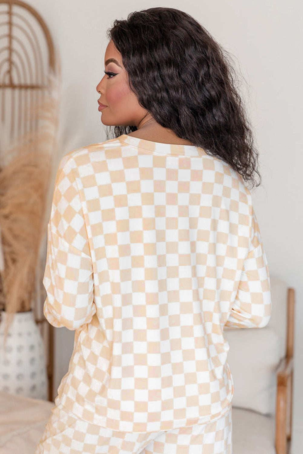 checkered print long sleeve top and pants lounge set 1