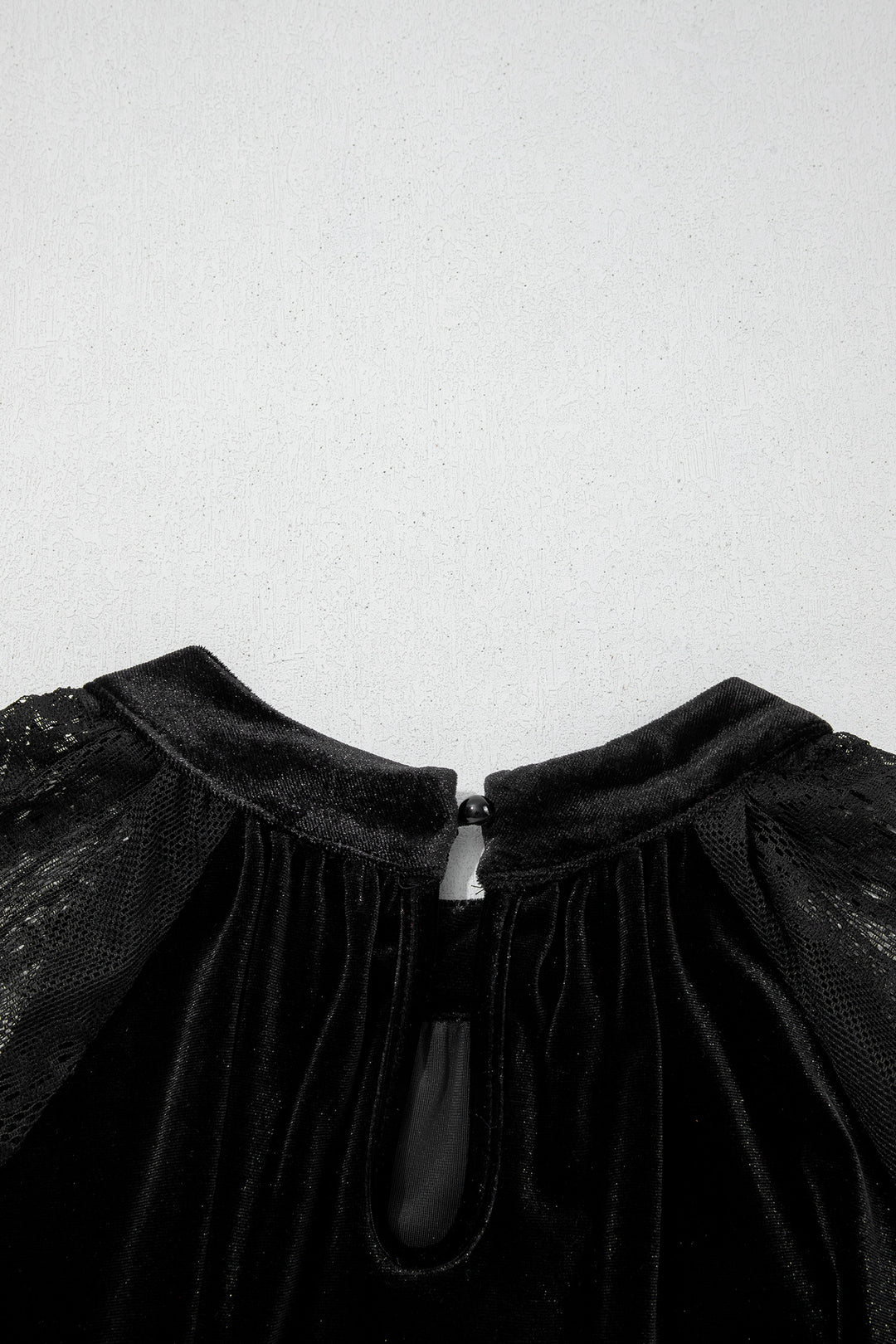Black Sheer Lace Long Sleeve Patchwork Stand Neck Velvet Blouse