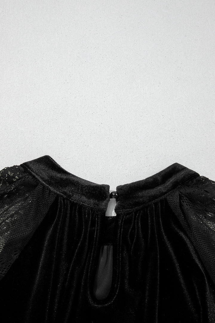 Black Sheer Lace Long Sleeve Patchwork Stand Neck Velvet Blouse