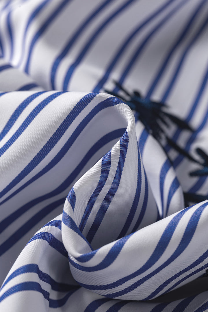 Blue Stripe Embroidered Detail Button Front Long Sleeve Shirt